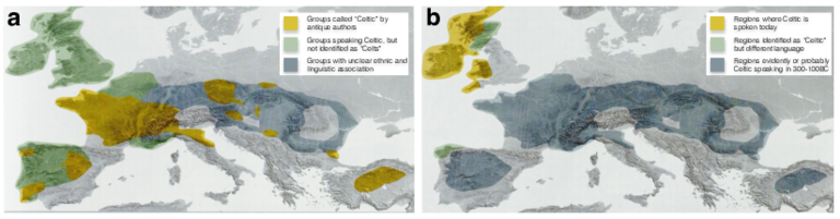 Two maps of Europe depicting the distribution of Celtic objects, languages and archaeological features